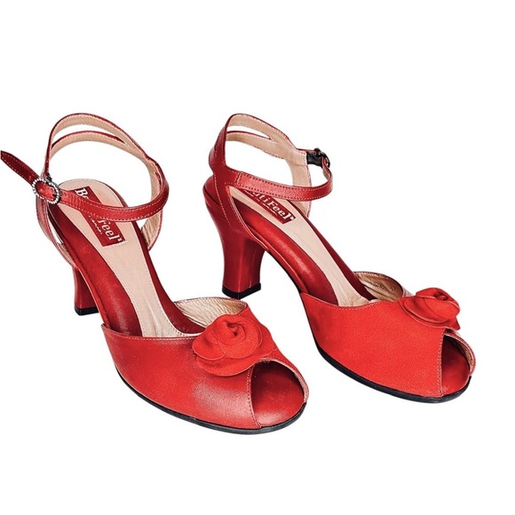 BeautiFeel Peep Toe Sling Back Flower Rosette Heels Red - Picture 1 of 12